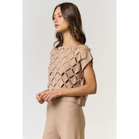 Cut Out Detail Sweater Top in Tan - Picture 3 of 5